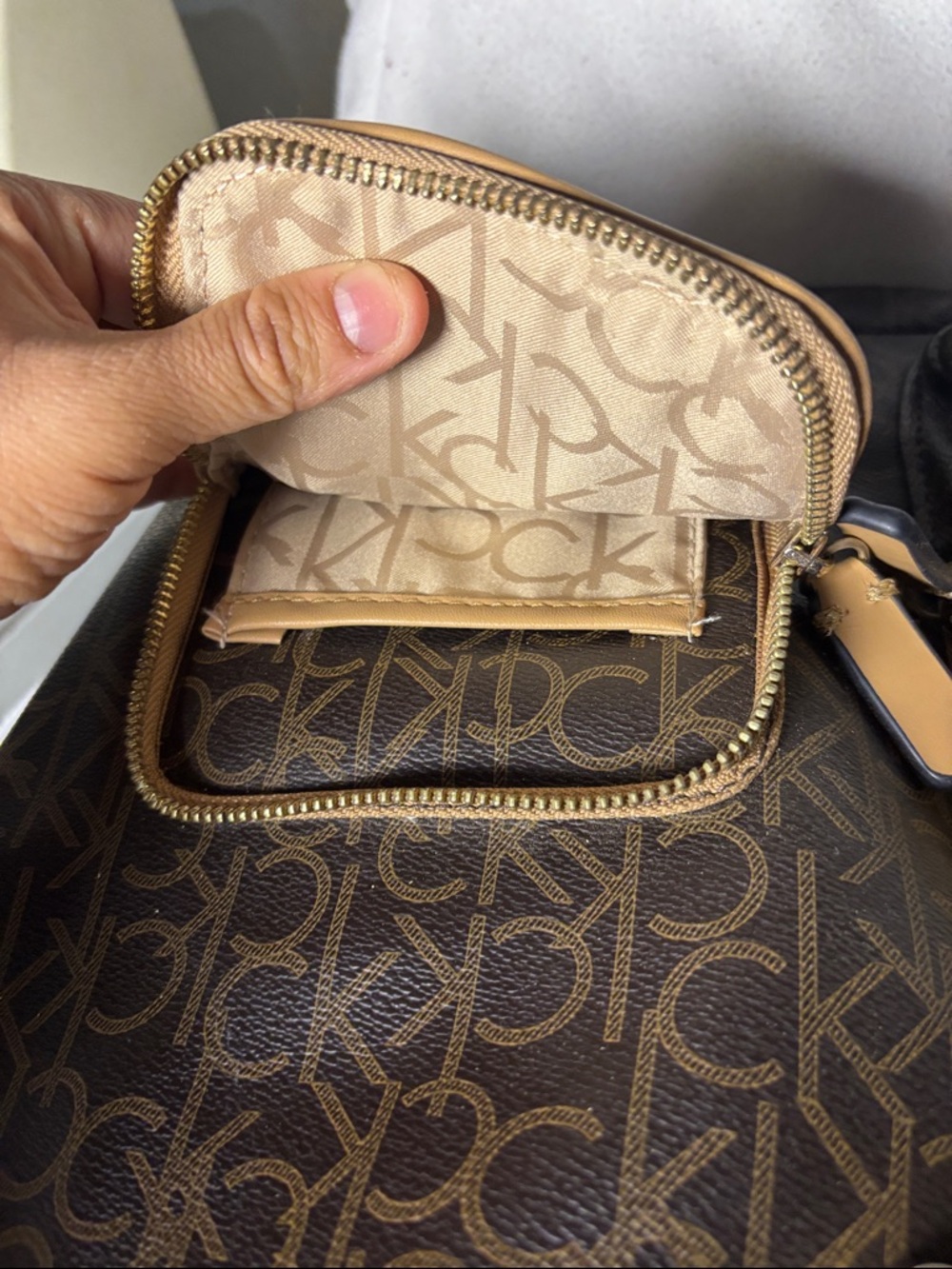 Calvin Klein Brown Monogram Backpack with Tan Trim missing Klein logo - Picture 9 of 12